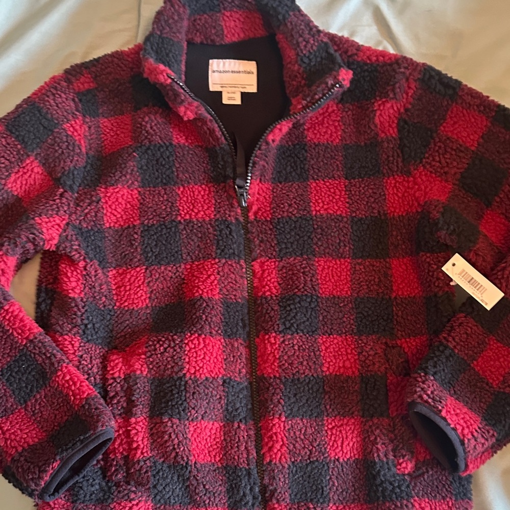 Amazon Essentials Red and Black Sherpa Jacket